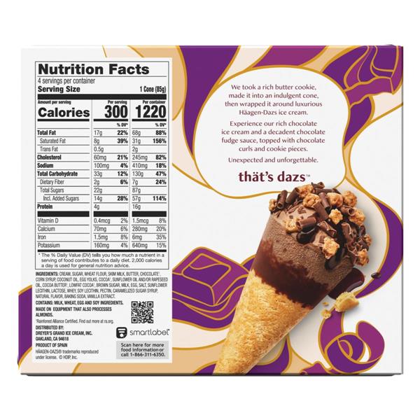 Häagen-Dazs Ice Cream Cones, Chocolate, Butter Cookie Cone 4 Count